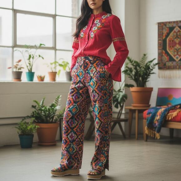 Johnny Was 3J WORKSHOP red floral embroidered button up down boho shirt top Sz S - Picture 8 of 8